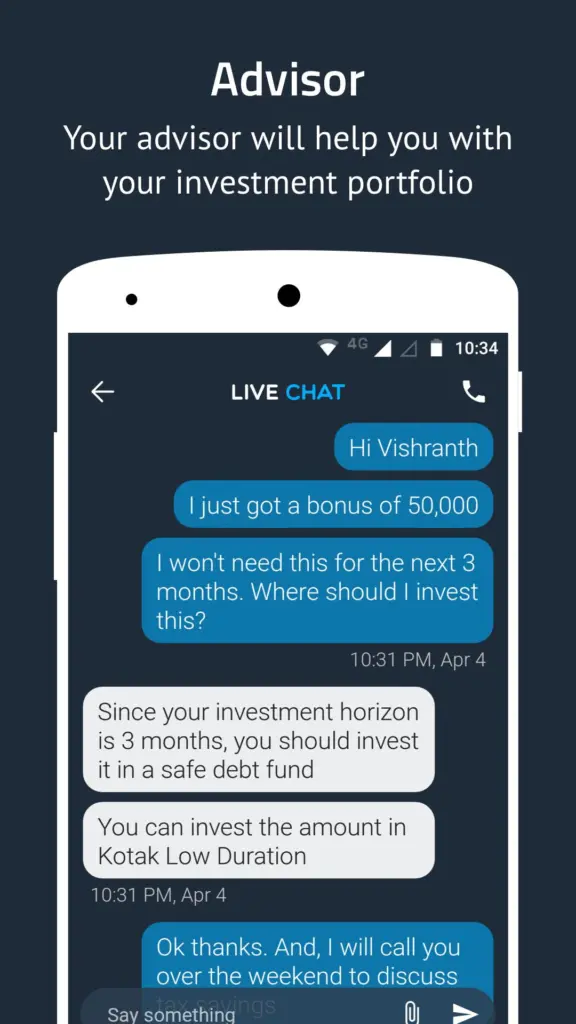 Mutual Fund App EquitySeeds InApp Chat with Advisor Feature